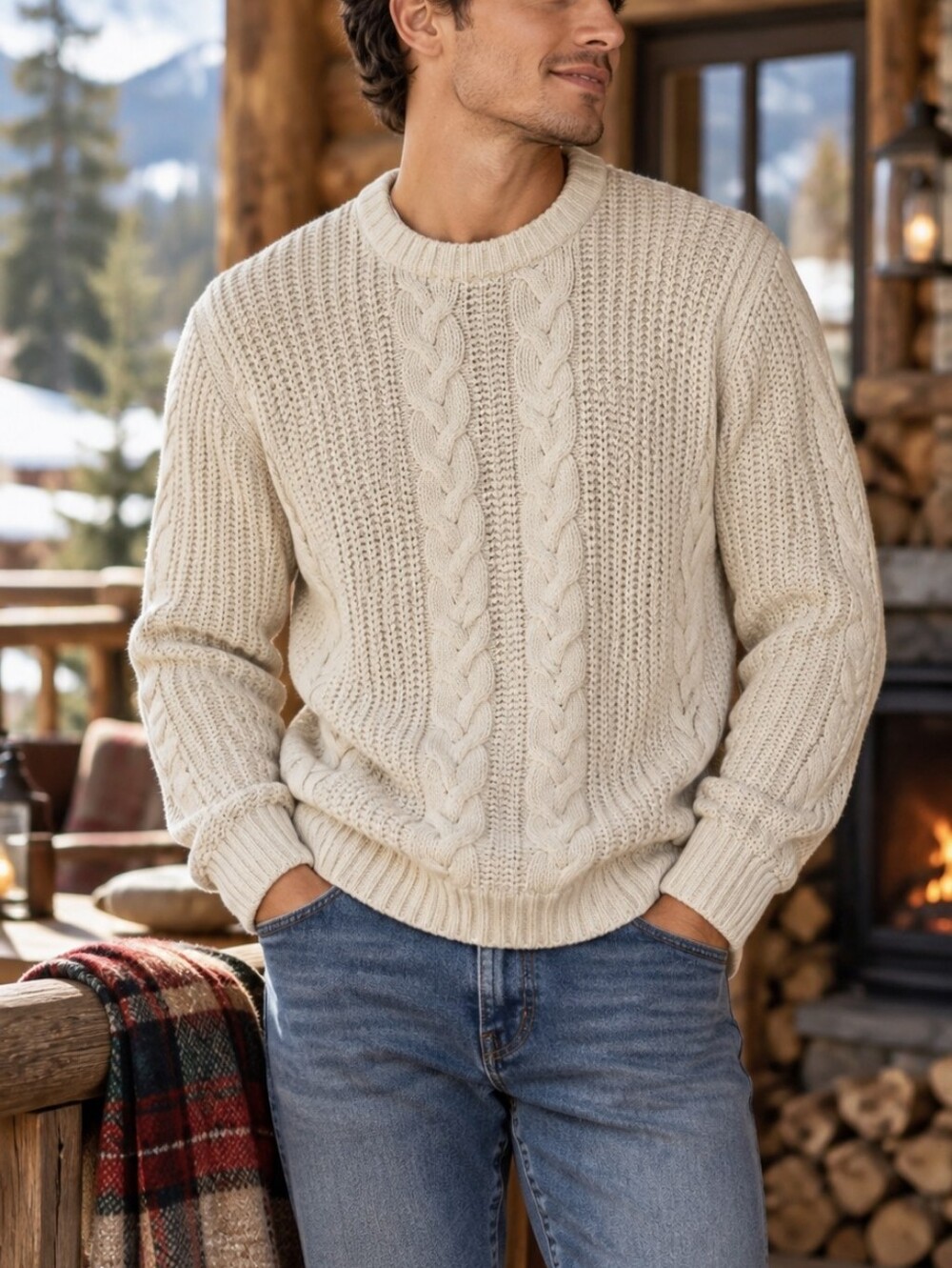Chaps Men's Chunky Cable Knit Crewneck Sweater Cream Ivory Size M NWT